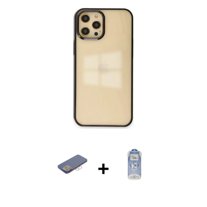 MARSİLYAN™- iPhone 12 Pro Max Kılıf Doruk Doku Prime - Siyah Joko Magic 5D Cam + Renkli Kamera Lens Koruma Cam - PE