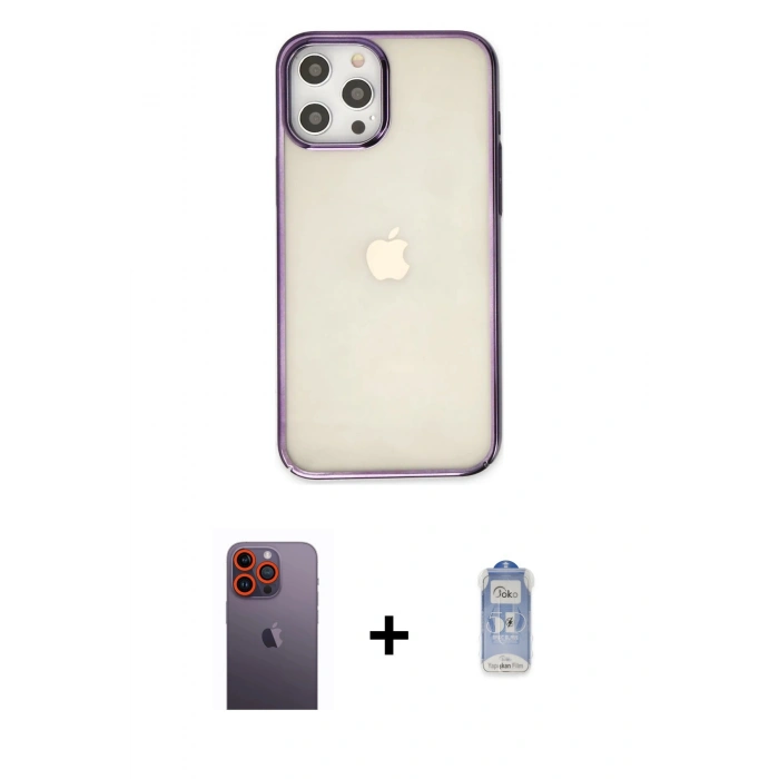 MARSİLYAN™- iPhone 12 Pro Max Kılıf Doruk Doku Prime - Siyah Joko Magic 5D Cam + Turuncu Neon Fosforlu Kamera Lens