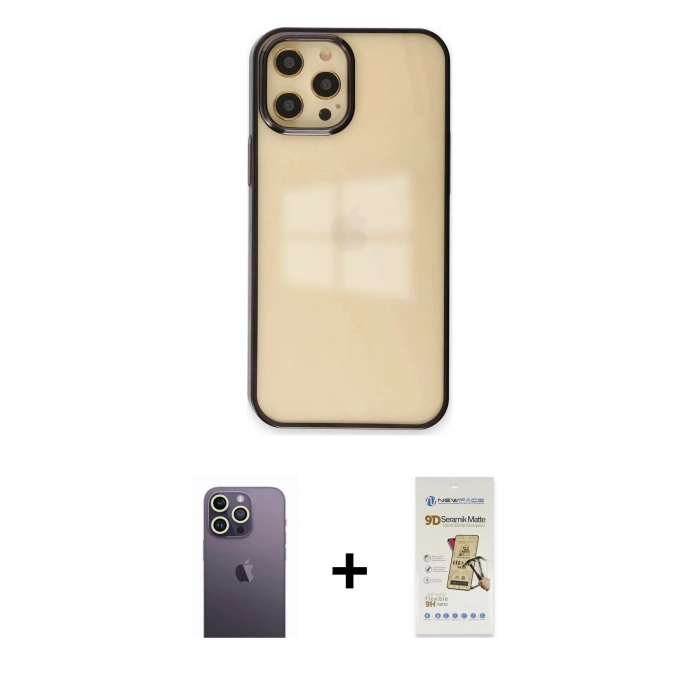 MARSİLYAN™- iPhone 12 Pro Max Kılıf Doruk Doku Prime - Siyah Mat Seramik Nano Ekran Koruyucu + Neon Fosforlu Kamera Lens - BZ