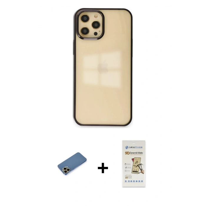 MARSİLYAN™- iPhone 12 Pro Max Kılıf Doruk Doku Prime - Siyah Mat Seramik Nano Ekran Koruyucu + Shine Kamera Lens Koruma Cam - GD