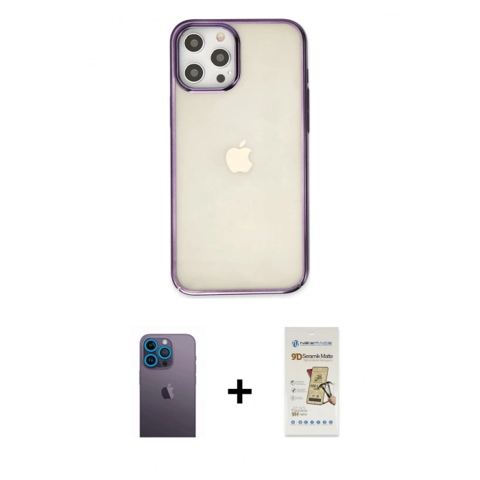 MARSİLYAN™- iPhone 12 Pro Max Kılıf Doruk Doku Prime - Siyah Mat Seramik Nano Ekran Koruyucu + Neon Fosforlu Kamera Lens - MI
