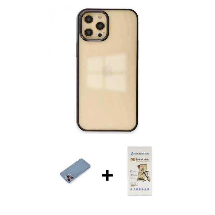 MARSİLYAN™- iPhone 12 Pro Max Kılıf Doruk Doku Prime - Siyah Mat Seramik Nano Ekran Koruyucu + Shine Kamera Lens Koruma Cam - PE