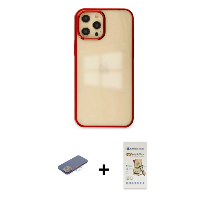 MARSİLYAN™- iPhone 12 Pro Max Kılıf Doruk Doku Prime - Siyah Mat Seramik Nano Ekran Koruyucu + Renkli Kamera Lens Koruma Cam - PE