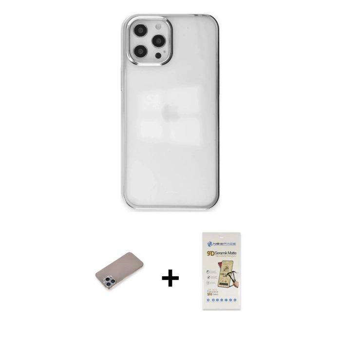 MARSİLYAN™- iPhone 12 Pro Max Kılıf Doruk Doku Prime - Siyah Mat Seramik Nano Ekran Koruyucu + Sierra Blue Shine Kamera Lens Koruma Cam