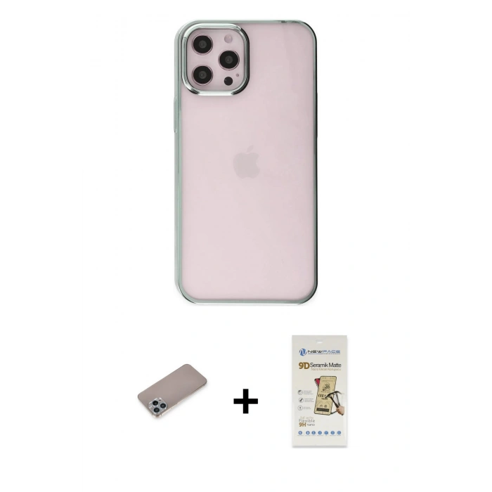 MARSİLYAN™- iPhone 12 Pro Max Kılıf Doruk Doku Prime - Siyah Mat Seramik Nano Ekran Koruyucu + Sierra Blue Shine Kamera Lens Koruma Cam