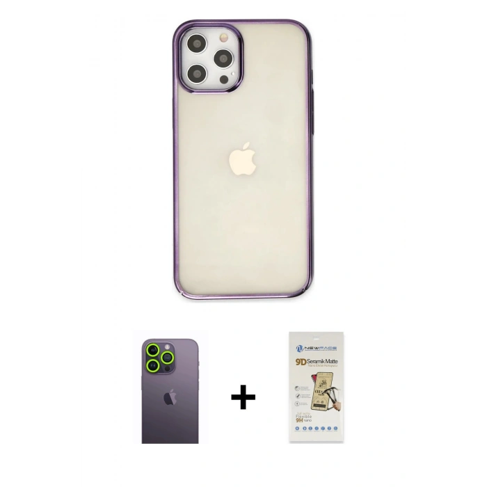 MARSİLYAN™- iPhone 12 Pro Max Kılıf Doruk Doku Prime - Siyah Mat Seramik Nano Ekran Koruyucu + Neon Fosforlu Kamera Lens - YL