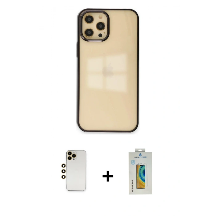 MARSİLYAN™- iPhone 12 Pro Max Kılıf Doruk Doku Prime - Siyah Polymer Nano Ekran Koruyucu + Shine Kamera Lens - GD