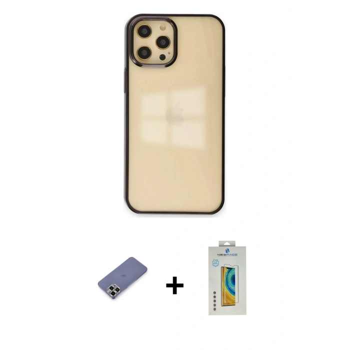 MARSİLYAN™- iPhone 12 Pro Max Kılıf Doruk Doku Prime - Siyah Polymer Nano Ekran Koruyucu + Metal Kamera Lens Koruma Cam - GD