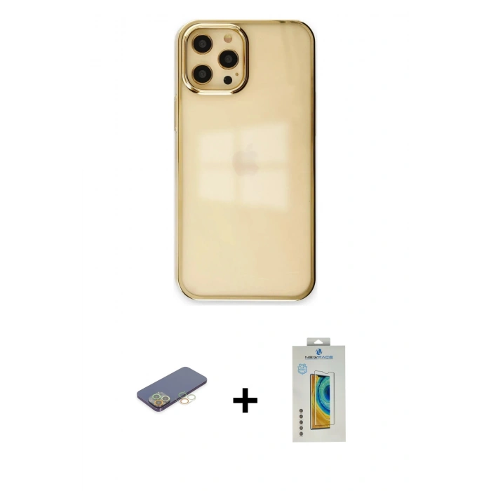 MARSİLYAN™- iPhone 12 Pro Max Kılıf Doruk Doku Prime - Siyah Polymer Nano Ekran Koruyucu + Renkli Kamera Lens Koruma Cam - SI