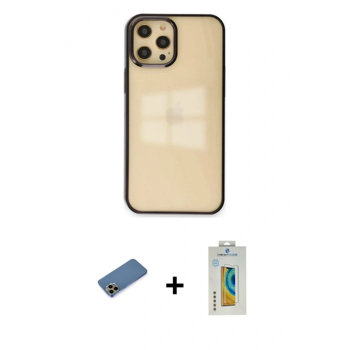 MARSİLYAN™- iPhone 12 Pro Max Kılıf Doruk Doku Prime - Siyah Polymer Nano Ekran Koruyucu + Shine Kamera Lens Koruma Cam - GD