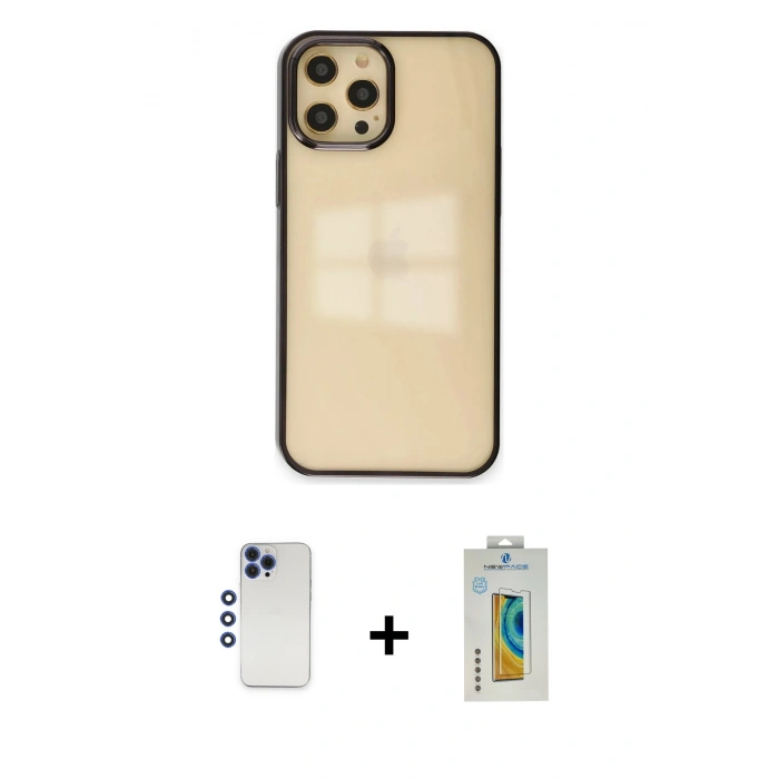 MARSİLYAN™- iPhone 12 Pro Max Kılıf Doruk Doku Prime - Siyah Polymer Nano Ekran Koruyucu + Shine Kamera Lens - LT