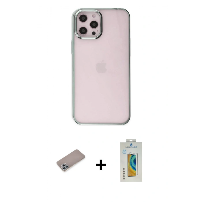 MARSİLYAN™- iPhone 12 Pro Max Kılıf Doruk Doku Prime - Siyah Polymer Nano Ekran Koruyucu + Sierra Blue Shine Kamera Lens Koruma Cam