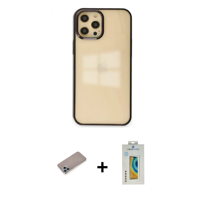 MARSİLYAN™- iPhone 12 Pro Max Kılıf Doruk Doku Prime - Siyah Polymer Nano Ekran Koruyucu + Sierra Blue Shine Kamera Lens Koruma Cam