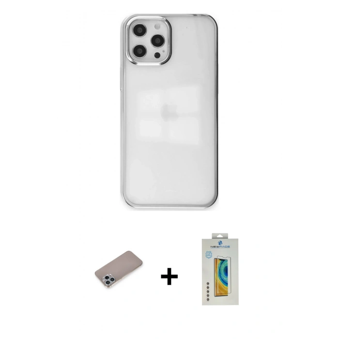 MARSİLYAN™- iPhone 12 Pro Max Kılıf Doruk Doku Prime - Siyah Polymer Nano Ekran Koruyucu + Sierra Blue Shine Kamera Lens Koruma Cam