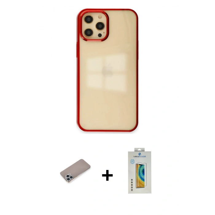 MARSİLYAN™- iPhone 12 Pro Max Kılıf Doruk Doku Prime - Siyah Polymer Nano Ekran Koruyucu + Sierra Blue Shine Kamera Lens Koruma Cam