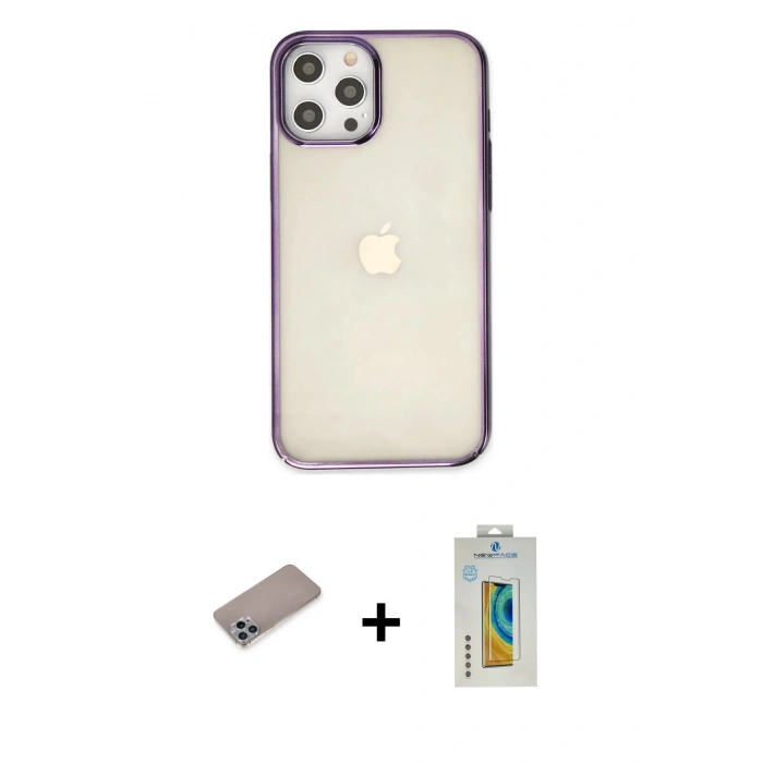 MARSİLYAN™- iPhone 12 Pro Max Kılıf Doruk Doku Prime - Siyah Polymer Nano Ekran Koruyucu + Sierra Blue Shine Kamera Lens Koruma Cam