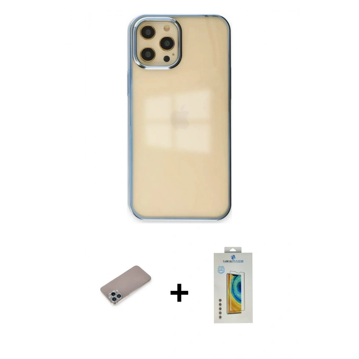 MARSİLYAN™- iPhone 12 Pro Max Kılıf Doruk Doku Prime - Siyah Polymer Nano Ekran Koruyucu + Sierra Blue Shine Kamera Lens Koruma Cam