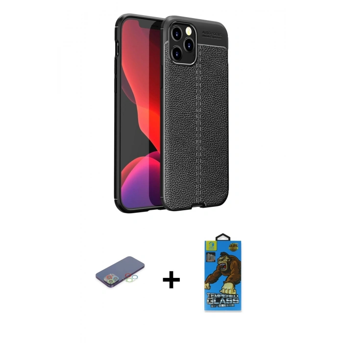 MARSİLYAN™- iPhone 12 Pro Max Kılıf Doruk Klasik Özel Seri - Siyah 18D Cam Ekran Koruyucu + Renkli Kamera Lens Koruma Cam - MI