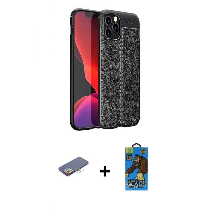 MARSİLYAN™- iPhone 12 Pro Max Kılıf Doruk Klasik Özel Seri - Siyah 18D Cam Ekran Koruyucu + Renkli Kamera Lens Koruma Cam - SI