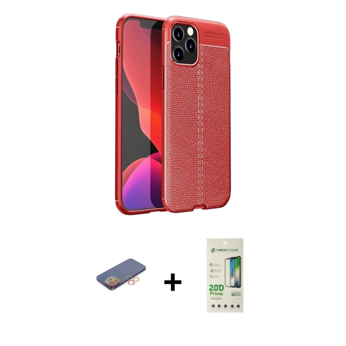 MARSİLYAN™- iPhone 12 Pro Max Kılıf Doruk Klasik Özel Seri - Siyah 20D Premium Cam Ekran Koruyucu + Turuncu Renkli Kamera Lens Koruma Cam