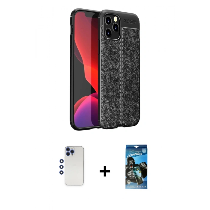 MARSİLYAN™- iPhone 12 Pro Max Kılıf Doruk Klasik Özel Seri - Siyah 34D Izgaralı Cam + Shine Kamera Lens - LT