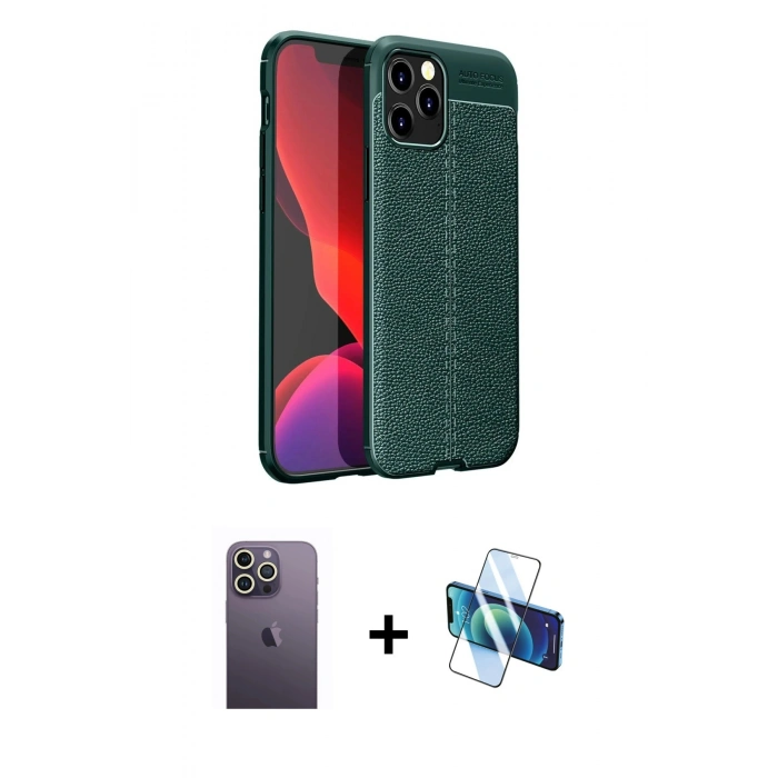 MARSİLYAN™- iPhone 12 Pro Max Kılıf Doruk Klasik Özel Seri - Siyah 3D Antistatik Cam Ekran Koruyucu + Neon Fosforlu Kamera Lens - BZ