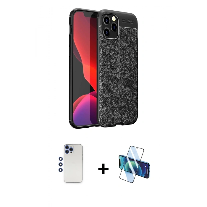 MARSİLYAN™- iPhone 12 Pro Max Kılıf Doruk Klasik Özel Seri - Siyah 3D Antistatik Cam Ekran Koruyucu + Shine Kamera Lens - LT