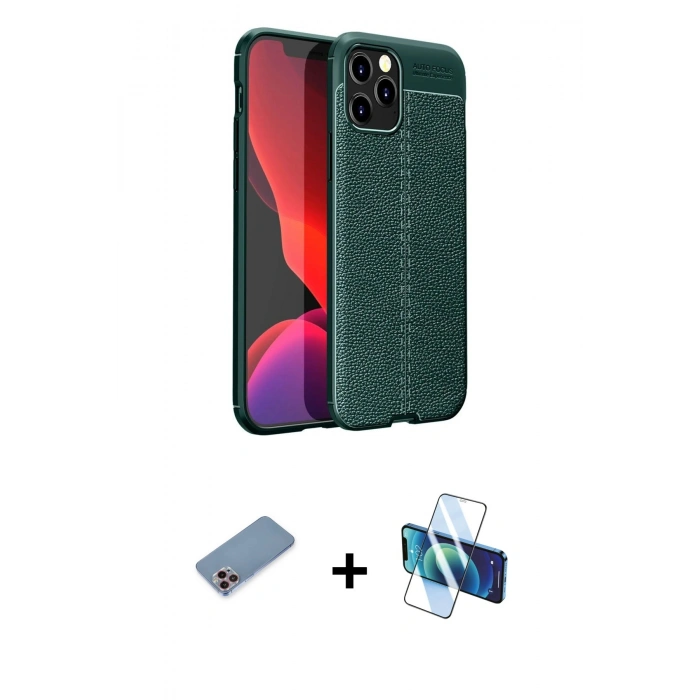MARSİLYAN™- iPhone 12 Pro Max Kılıf Doruk Klasik Özel Seri - Siyah 3D Antistatik Cam Ekran Koruyucu + Shine Kamera Lens Koruma Cam - PE