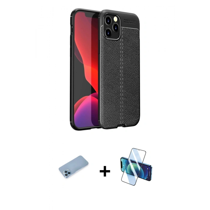 MARSİLYAN™- iPhone 12 Pro Max Kılıf Doruk Klasik Özel Seri - Siyah 3D Antistatik Cam Ekran Koruyucu + Shine Kamera Lens Koruma Cam - MI