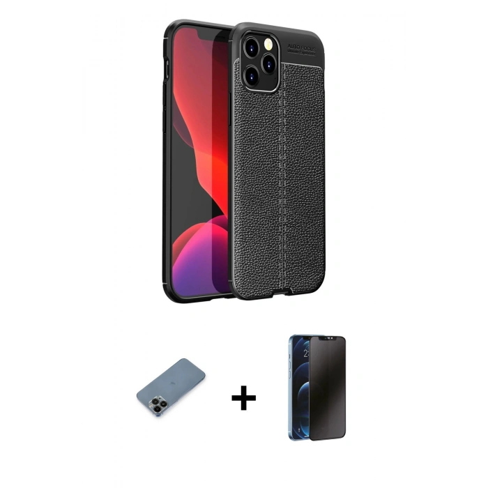 MARSİLYAN™- iPhone 12 Pro Max Kılıf Doruk Klasik Özel Seri - Siyah 3D Antistatik Hayalet Cam Ekran Koruyucu + Shine Kamera Lens Koruma Cam - SH