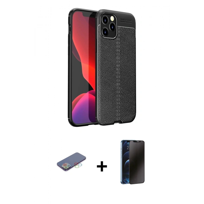 MARSİLYAN™- iPhone 12 Pro Max Kılıf Doruk Klasik Özel Seri - Siyah 3D Antistatik Hayalet Cam Ekran Koruyucu + Renkli Kamera Lens Koruma Cam - MI