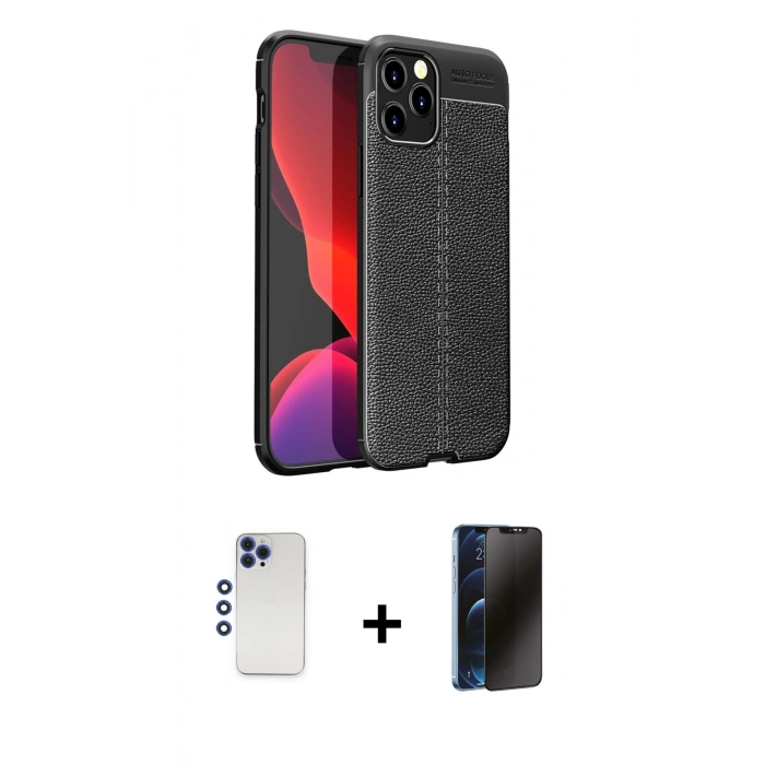 MARSİLYAN™- iPhone 12 Pro Max Kılıf Doruk Klasik Özel Seri - Siyah 3D Antistatik Hayalet Cam Ekran Koruyucu + Shine Kamera Lens - LT