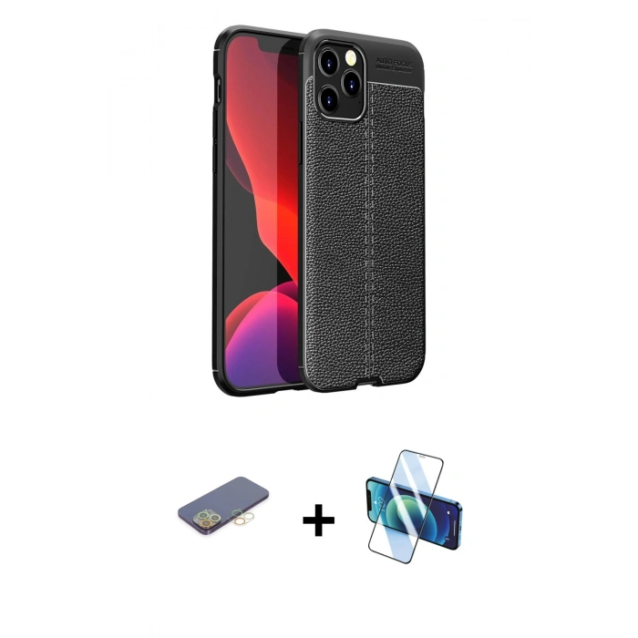 MARSİLYAN™- iPhone 12 Pro Max Kılıf Doruk Klasik Özel Seri - Siyah 3D Antistatik Seramik Nano Ekran Koruyucu + Sarı Renkli Kamera Lens Koruma Cam