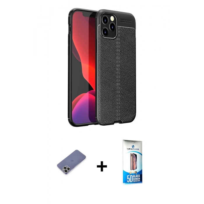 MARSİLYAN™- iPhone 12 Pro Max Kılıf Doruk Klasik Özel Seri - Siyah 5D Eko Cam Ekran Koruyucu + Metal Kamera Lens Koruma Cam - GD