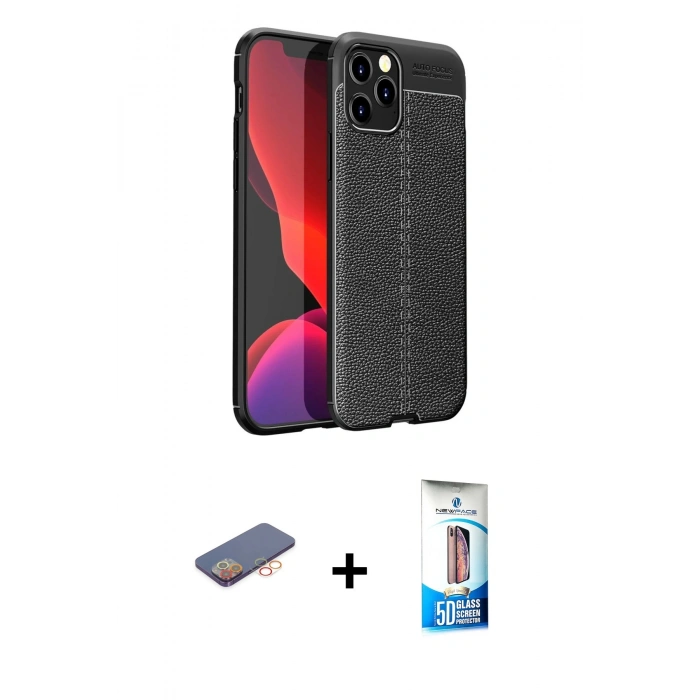 MARSİLYAN™- iPhone 12 Pro Max Kılıf Doruk Klasik Özel Seri - Siyah 5D Eko Cam Ekran Koruyucu + Renkli Kamera Lens Koruma Cam - TU