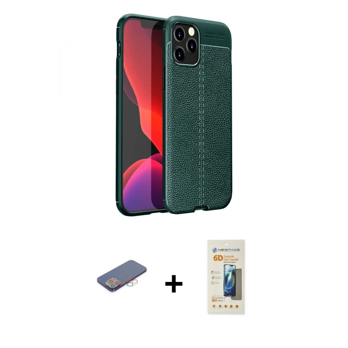 MARSİLYAN™- iPhone 12 Pro Max Kılıf Doruk Klasik Özel Seri - Siyah 6D Mat Seramik Hayalet Nano Ekran Koruyucu + Renkli Kamera Lens Koruma Cam - PE