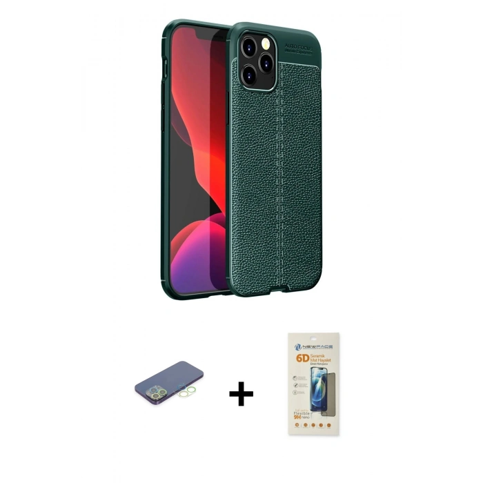 MARSİLYAN™- iPhone 12 Pro Max Kılıf Doruk Klasik Özel Seri - Siyah 6D Mat Seramik Hayalet Nano Ekran Koruyucu + Renkli Kamera Lens Koruma Cam - YL