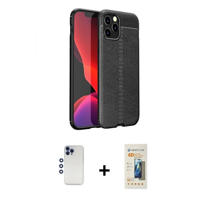 MARSİLYAN™- iPhone 12 Pro Max Kılıf Doruk Klasik Özel Seri - Siyah 6D Mat Seramik Hayalet Nano Ekran Koruyucu + Shine Kamera Lens - LT