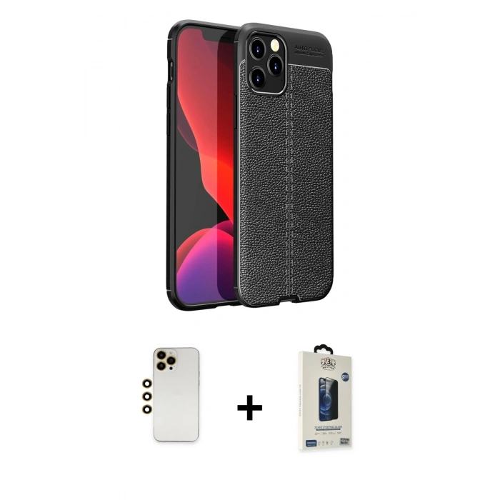 MARSİLYAN™- iPhone 12 Pro Max Kılıf Doruk Klasik Özel Seri - Siyah Bilvis Hayalet Cam Ekran Koruyucu + Shine Kamera Lens - GD
