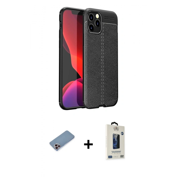 MARSİLYAN™- iPhone 12 Pro Max Kılıf Doruk Klasik Özel Seri - Siyah Bilvis Hayalet Cam Ekran Koruyucu + Shine Kamera Lens Koruma Cam - PE
