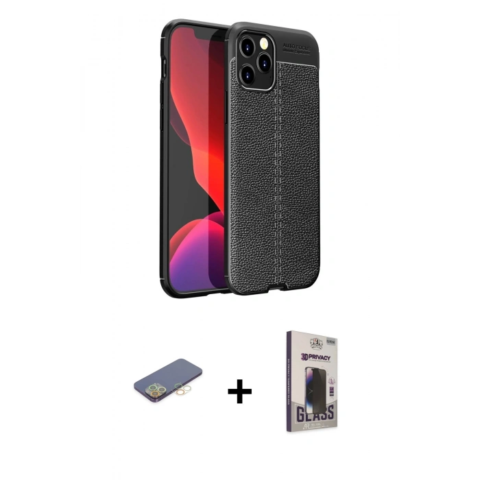 MARSİLYAN™- iPhone 12 Pro Max Kılıf Doruk Klasik Özel Seri - Siyah Bilvis Hayalet Cam Ekran Koruyucu + Renkli Kamera Lens Koruma Cam - SI