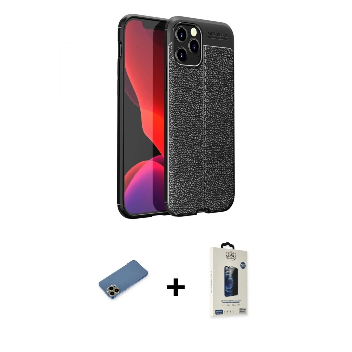 MARSİLYAN™- iPhone 12 Pro Max Kılıf Doruk Klasik Özel Seri - Siyah Bilvis Hayalet Cam Ekran Koruyucu + Shine Kamera Lens Koruma Cam - GD