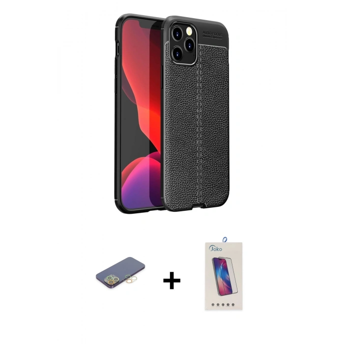 MARSİLYAN™- iPhone 12 Pro Max Kılıf Doruk Klasik Özel Seri - Siyah Joko 5D Cam + Renkli Kamera Lens Koruma Cam - SI