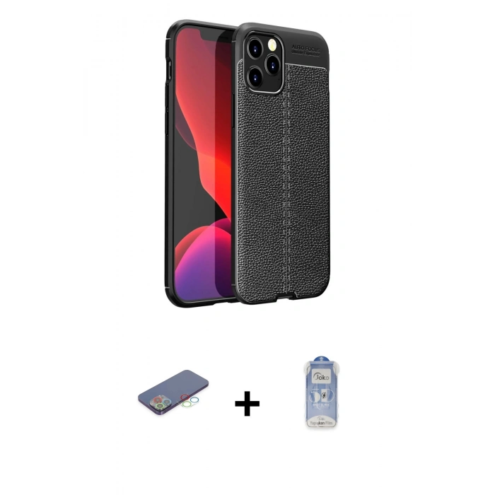 MARSİLYAN™- iPhone 12 Pro Max Kılıf Doruk Klasik Özel Seri - Siyah Joko Magic 5D Cam + Mavi Renkli Kamera Lens Koruma Cam