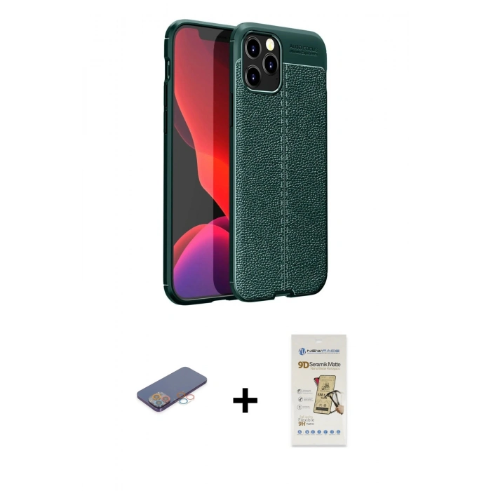 MARSİLYAN™- iPhone 12 Pro Max Kılıf Doruk Klasik Özel Seri - Siyah Mat Seramik Nano Ekran Koruyucu + Renkli Kamera Lens Koruma Cam - PE