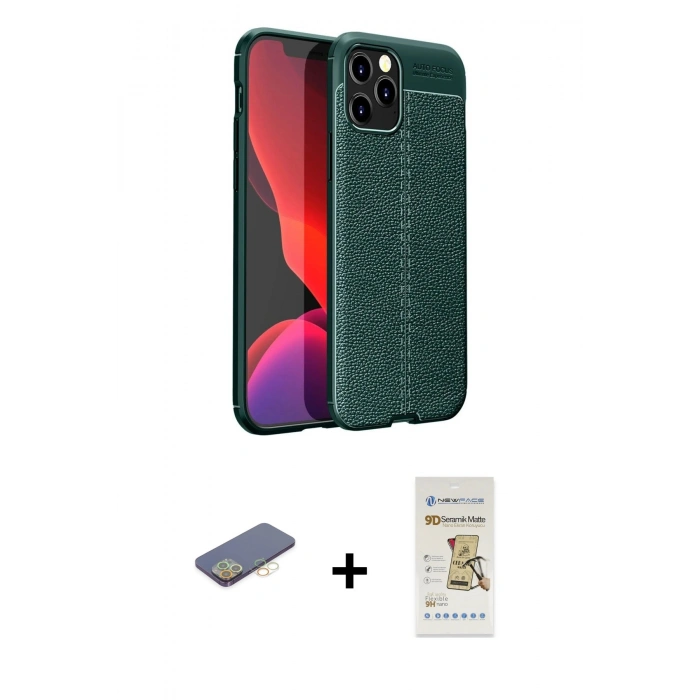 MARSİLYAN™- iPhone 12 Pro Max Kılıf Doruk Klasik Özel Seri - Siyah Mat Seramik Nano Ekran Koruyucu + Renkli Kamera Lens Koruma Cam - SI