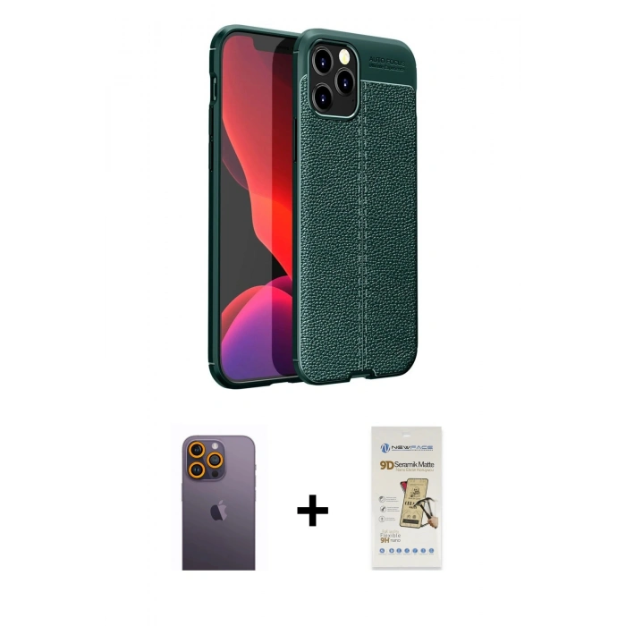 MARSİLYAN™- iPhone 12 Pro Max Kılıf Doruk Klasik Özel Seri - Siyah Mat Seramik Nano Ekran Koruyucu + Neon Fosforlu Kamera Lens - SI