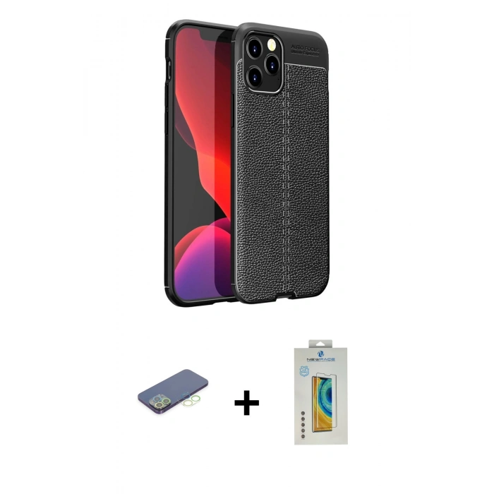 MARSİLYAN™- iPhone 12 Pro Max Kılıf Doruk Klasik Özel Seri - Siyah Polymer Nano Ekran Koruyucu + Renkli Kamera Lens Koruma Cam - YL
