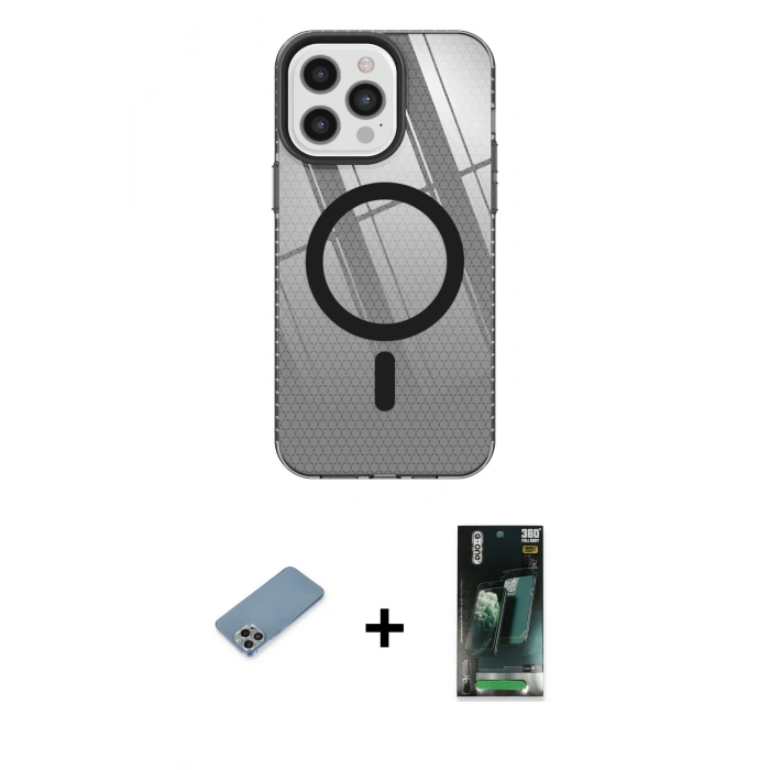 MARSİLYAN™- iPhone 12 Pro Max Kılıf Doruk Prime - Şeffaf 360 Full Body Arka Koruyucu + Shine Kamera Lens Koruma Cam - GI