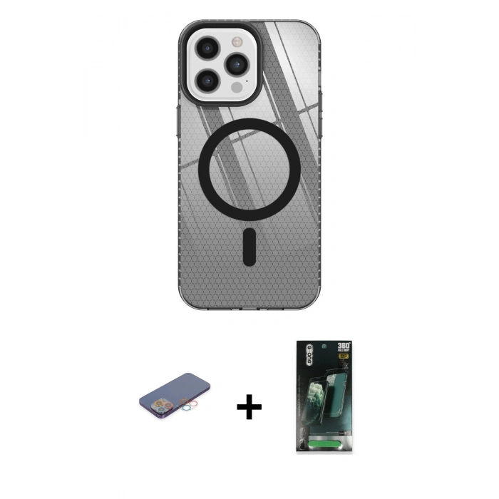 MARSİLYAN™- iPhone 12 Pro Max Kılıf Doruk Prime - Şeffaf 360 Full Body Arka Koruyucu + Renkli Kamera Lens Koruma Cam - PE